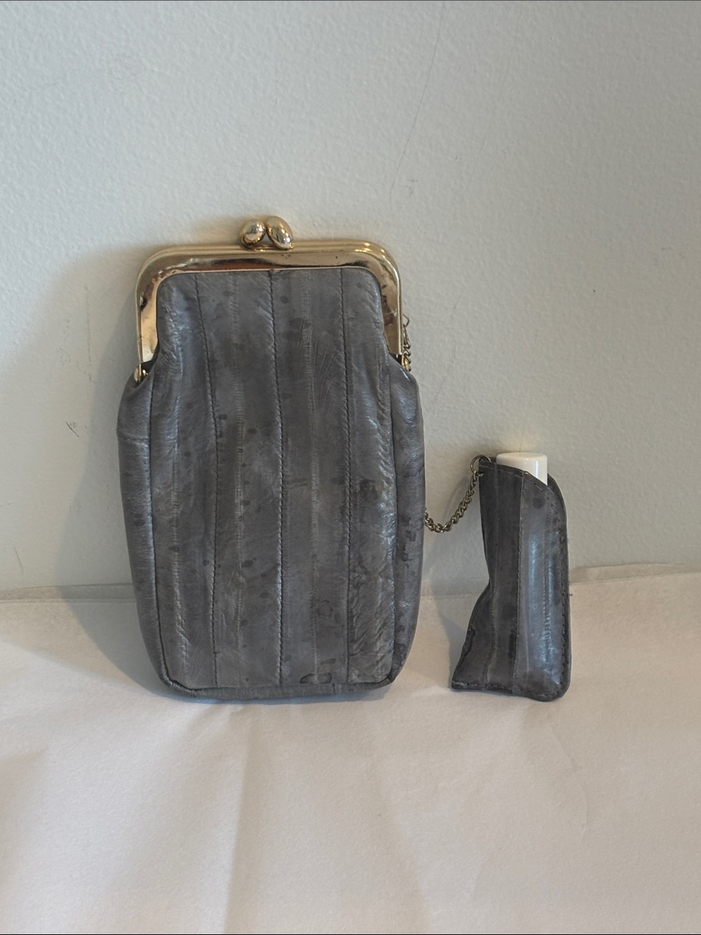 Vintage Eel Skin cigarette case coin purse & lighter lip gloss holder grey